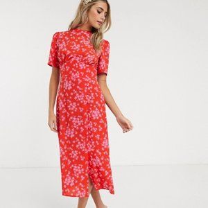 ASOS Red & Pink Puff Sleeve Floral Midi Dress NWT!